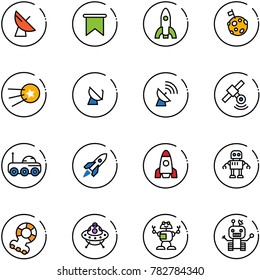 line vector icon set - satellite antenna vector, flag, rocket, moon, first, rover, robot, teethers, ufo toy