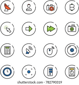 line vector icon set - satellite antenna vector, stamp, camera, bitcoin, cursor, right arrow, fast forward, calculator, mouse wireless, cd, clock, record button, server, multimeter