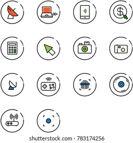 line vector icon set - satellite antenna vector, netabook connect, mobile payment, money click, calculator, cursor, camera, photo, joystick wireless, fingerprint scanner, cd, wi fi router