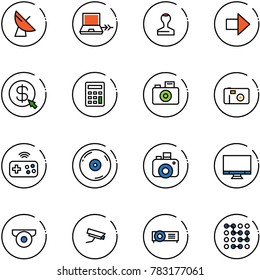 line vector icon set - satellite antenna vector, netabook connect, stamp, right arrow, money click, calculator, camera, photo, joystick wireless, cd, monitor, surveillance, projector, circuit