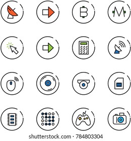 line vector icon set - satellite antenna vector, right arrow, bitcoin, monero, cursor, calculator, mouse wireless, cd, surveillance camera, sim, chip, circuit, joystick