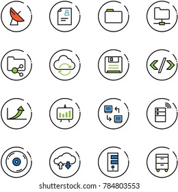 line vector icon set - satellite antenna vector, patient card, folder, network, shared, refresh cloud, save, tag code, growth arrow, presentation chart, data exchange, server wireless, cd