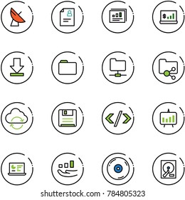 line vector icon set - satellite antenna vector, patient card, statistics report, account, download, folder, network, shared, refresh cloud, save, tag code, presentation chart, monitor, growth, cd