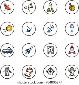 line vector icon set - satellite antenna vector, telescope, rocket, moon flag, first, laser, rover, hdd, robot, teethers, ufo toy