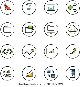 line vector icon set - satellite antenna vector, patient card, statistics, share, folder, network, refresh cloud, tag code, growth arrow, rise, data exchange, server