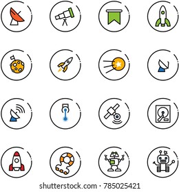 line vector icon set - satellite antenna vector, telescope, flag, rocket, moon, first, laser, hdd, teethers, robot