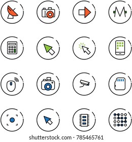 line vector icon set - satellite antenna vector, camera, right arrow, monero, calculator, cursor, mobile, mouse wireless, surveillance, micro flash card, record button, chip, circuit