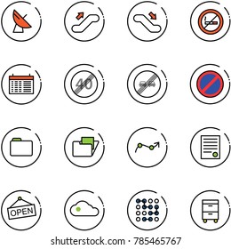 line vector icon set - satellite antenna vector, escalator up, down, no smoking sign, schedule, end speed limit road, overtake, parking, folder, chart point arrow, agreement, open, cloud, circuit