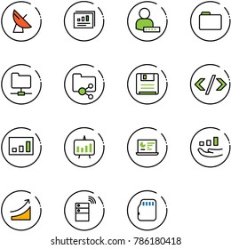 line vector icon set - satellite antenna vector, statistics report, user password, folder, network, shared, save, tag code, presentation chart, monitor, growth, rise, server wireless