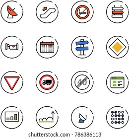 line vector icon set - satellite antenna vector, escalator up, no smoking sign, post, hotel, schedule, road signpost, main, giving way, truck, end speed limit, website, statistics, growth, circuit