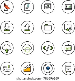 line vector icon set - satellite antenna vector, patient card, statistics report, account, download, uplooad, folder, shared, upload cloud, refresh, tag code, presentation chart, growth, cd
