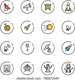 line vector icon set - satellite antenna vector, telescope, flag, rocket, moon, first, laser, hdd, ufo toy, robot