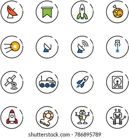 line vector icon set - satellite antenna vector, flag, rocket, moon, first, laser, rover, hdd, teethers, robot