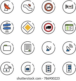 line vector icon set - satellite antenna vector, escalator down, no smoking sign, hotel, road signpost, main, truck, website, folder, agreement, wireless lock, sim, chip, server