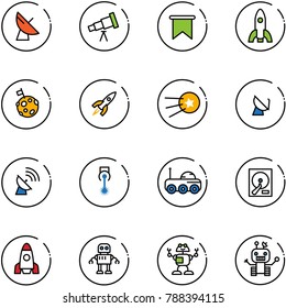 line vector icon set - satellite antenna vector, telescope, flag, rocket, moon, first, laser, rover, hdd, robot