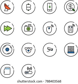 line vector icon set - satellite antenna vector, bitcoin, mobile payment, money click, fast forward, camera, mouse wireless, remote control, cd, surveillance, binary code, micro flash card