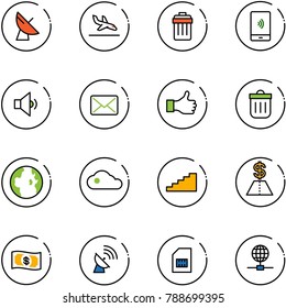 line vector icon set - satellite antenna vector, arrival, trash bin, mobile payment, low volume, mail, like, globe, cloud, stairs, dollar, money, sim