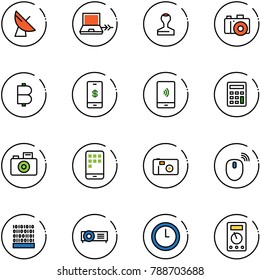 line vector icon set - satellite antenna vector, netabook connect, stamp, camera, bitcoin, mobile payment, calculator, photo, mouse wireless, binary code, projector, clock, multimeter