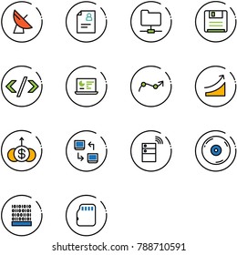 line vector icon set - satellite antenna vector, patient card, network folder, save, tag code, statistics monitor, chart point arrow, rise, dollar growth, data exchange, server wireless, cd, binary