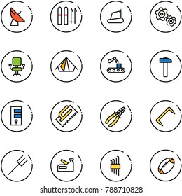 line vector icon set - satellite antenna vector, ski, treadmill, gears, office chair, tent, conveyor, hammer, server, trowel, pliers, staple, farm fork, stapler, allen key set, football