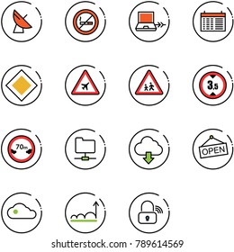 line vector icon set - satellite antenna vector, no smoking sign, netabook connect, schedule, main road, airport, children, limited height, distance, network folder, download cloud, open, growth