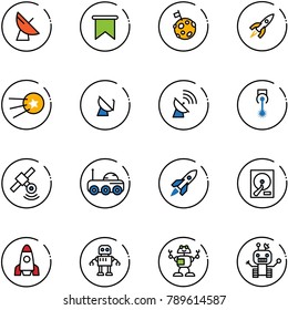 line vector icon set - satellite antenna vector, flag, moon, rocket, first, laser, rover, hdd, robot
