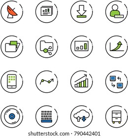 line vector icon set - satellite antenna vector, statistics report, download, user password, folder, shared, growth arrow, mobile, chart point, data exchange, cd, binary code, cloud, tool cabinet