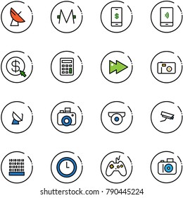 line vector icon set - satellite antenna vector, monero, mobile payment, money click, calculator, fast forward, photo, camera, surveillance, binary code, clock, joystick