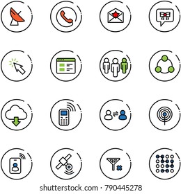 line vector icon set - satellite antenna vector, phone, star letter, bow message, cursor, website, group, social, download cloud, mobile, information exchange, identity card, no signal, circuit