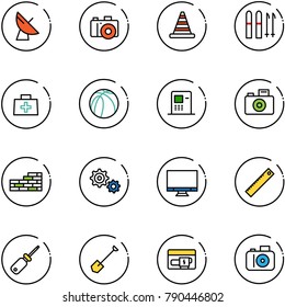 line vector icon set - satellite antenna vector, camera, road cone, ski, doctor bag, basketball ball, atm, brick wall, gear, monitor, ruler, screwdriver, shovel, generator