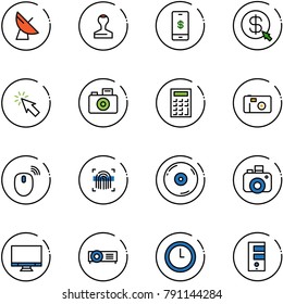line vector icon set - satellite antenna vector, stamp, mobile payment, money click, cursor, camera, calculator, photo, mouse wireless, fingerprint scanner, cd, monitor, projector, clock, server
