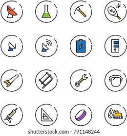 line vector icon set - satellite antenna vector, flask, rock axe, badminton, battery, server, saw, bucksaw, wrench, protect glass, gun sealant, corner ruler, tambourine, excavator toy
