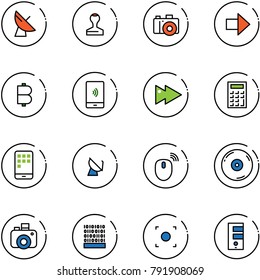 line vector icon set - satellite antenna vector, stamp, camera, right arrow, bitcoin, mobile payment, fast forward, calculator, mouse wireless, cd, binary code, record button, server