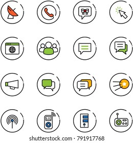 line vector icon set - satellite antenna vector, phone, bow message, cursor, browser globe, group, chat, loudspeaker, dialog, first, music player, server, radio