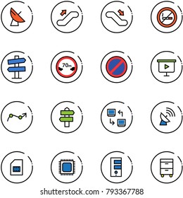 line vector icon set - satellite antenna vector, escalator up, down, no smoking sign, road signpost, limited distance, parking, presentation board, chart point arrow, data exchange, sim, cpu, server