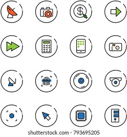 line vector icon set - satellite antenna vector, camera, money click, right arrow, fast forward, calculator, mobile, photo, fingerprint scanner, cd, surveillance, record button, cursor, cpu, server