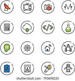 line vector icon set - satellite antenna vector, tv, camera, monero, calculator, download cloud, tag code, round flask, brain work, gear, wireless home, robot, battery, hdd, Angular grinder
