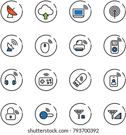 line vector icon set - satellite antenna vector, upload cloud, notebook wi fi, mouse wireless, printer, music player, headphones, joystick, usb, identity card, lock, key, no signal, fine