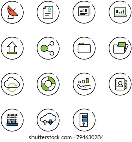 line vector icon set - satellite antenna vector, patient card, statistics report, account, uplooad, share, folder, refresh cloud, circle chart, growth, contact book, binary code, exchange data