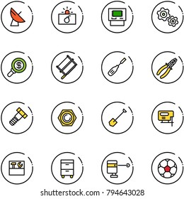 line vector icon set - satellite antenna vector, terrorism, atm, gears, search money, bucksaw, chisel, pliers, bolt, nut, shovel, jig saw, tool box, cabinet, laser lever, soccer ball