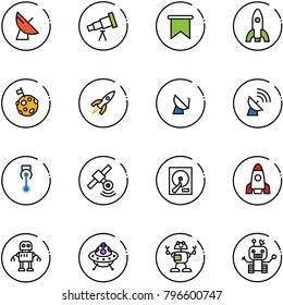 line vector icon set - satellite antenna vector, telescope, flag, rocket, moon, laser, hdd, robot, ufo toy