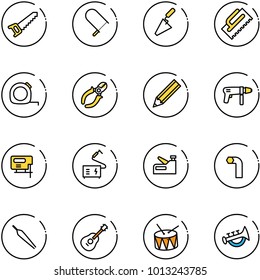 line vector icon set - saw vector, fretsaw, trowel, measuring tape, side cutters, pencil, drill machine, jig, welding, stapler, allen key, forceps, guitar, drum, horn toy