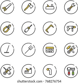 line vector icon set - saw vector, axe, jointer, wrench, side cutters, screwdriver, staple, drill machine, rake, farm fork, generator, hammer, stapler, allen key, shovel toy