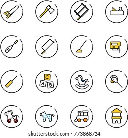line vector icon set - saw vector, axe, bucksaw, jointer, chisel, metal hacksaw, hoe, jig, awl, abc cube, rocking horse, stick toy, wheel, train, block house