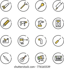 line vector icon set - saw vector, mason hammer, wood drill, metal hacksaw, pencil, machine, multimeter, stapler, laser lever, allen key, awl, forceps, guitar, xylophone, toy piano