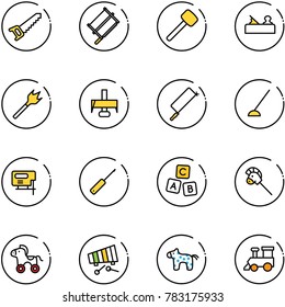 line vector icon set - saw vector, bucksaw, rubber hammer, jointer, wood drill, milling cutter, metal hacksaw, hoe, jig, awl, abc cube, horse stick toy, wheel, xylophone, train