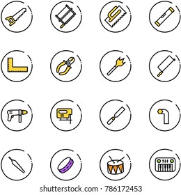line vector icon set - saw vector, bucksaw, trowel, level, corner ruler, side cutters, wood drill, metal hacksaw, machine, jig, rasp, allen key, forceps, tambourine, drum, toy piano