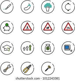 line vector icon set - scalpel vector, eggplant, broccoli, cent, piggy bank, pedestrian road sign, railway intersection, side wind, graduate hat, arrows up, money bag, monoblock pc, wrench, pliers