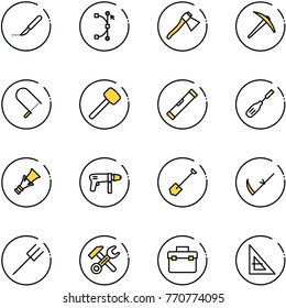 line vector icon set - scalpel vector, bezier, axe, fretsaw, rubber hammer, level, chisel, dowel, drill machine, shovel, scythe, farm fork, wrench, tool box, corner ruler
