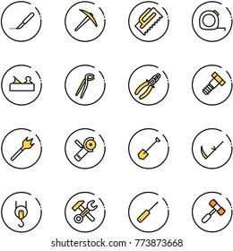 line vector icon set - scalpel vector, axe, trowel, measuring tape, jointer, plumber, pliers, bolt, wood drill, Angular grinder, shovel, scythe, winch, wrench hammer, awl, toy